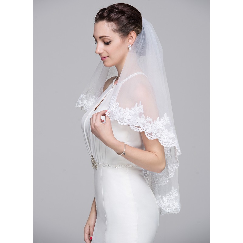 Two-tier Lace Applique Edge Elbow Bridal Veils With Applique