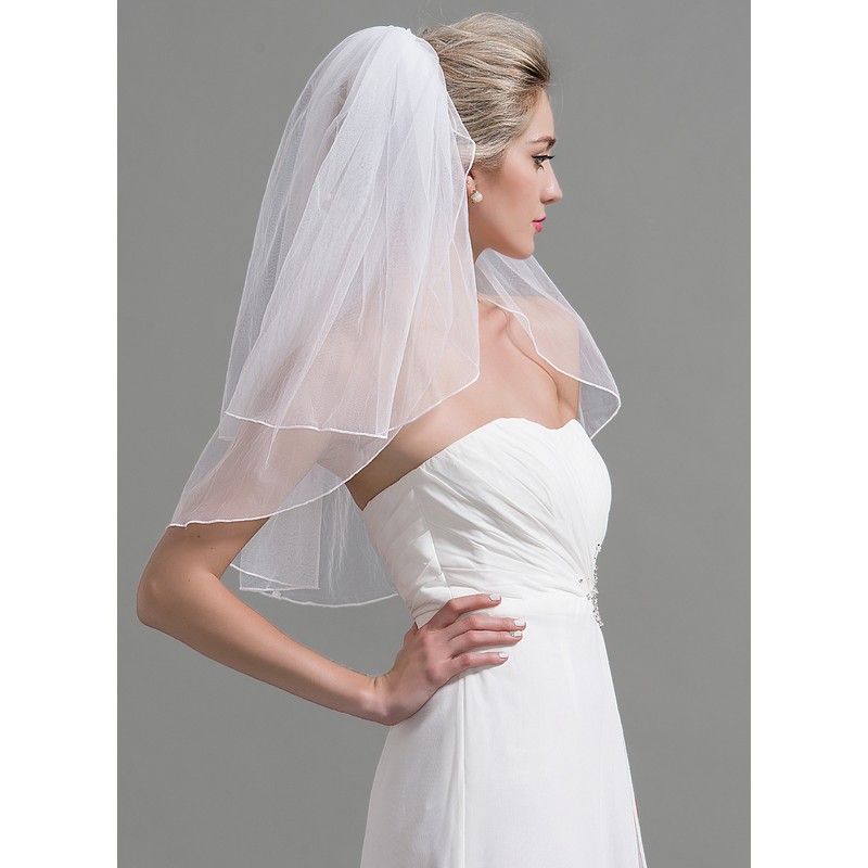 Two-tier Cut Edge Elbow Bridal Veils With Faux Pearl