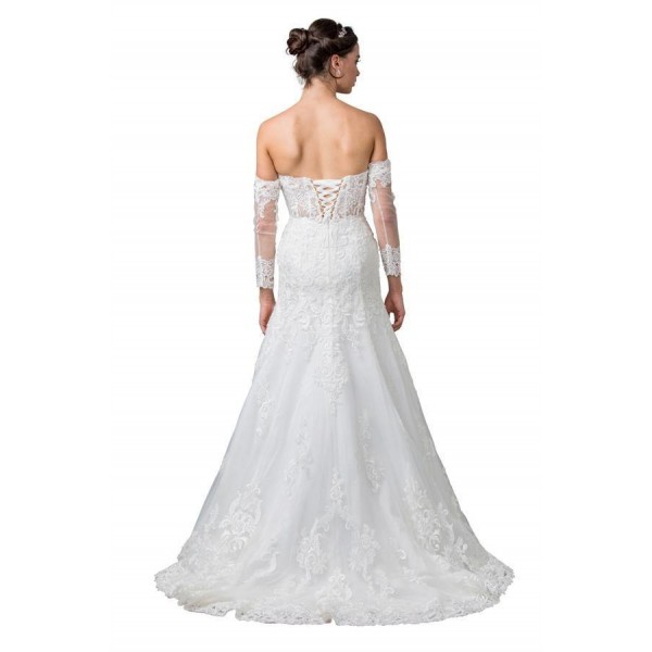 Long Sleeve Off white Strapless Wedding Gown