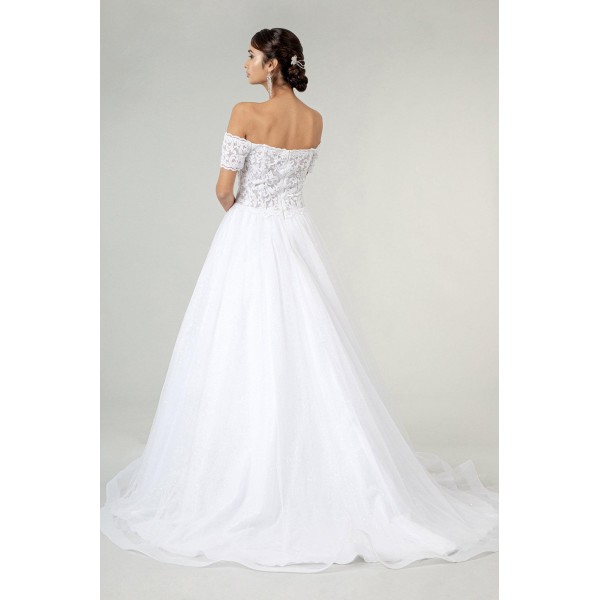 Long Off Shoulder Glitter Mesh Wedding Gown