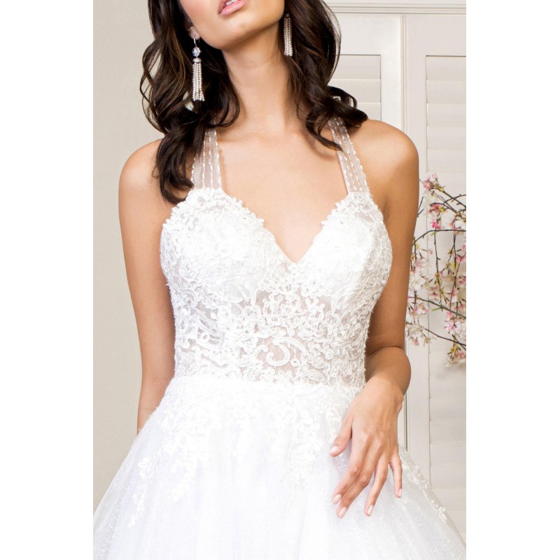 Long Halter Embroidered Glitter Mesh Wedding Gown