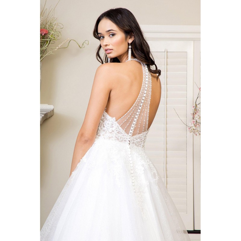 Long Halter Embroidered Glitter Mesh Wedding Gown