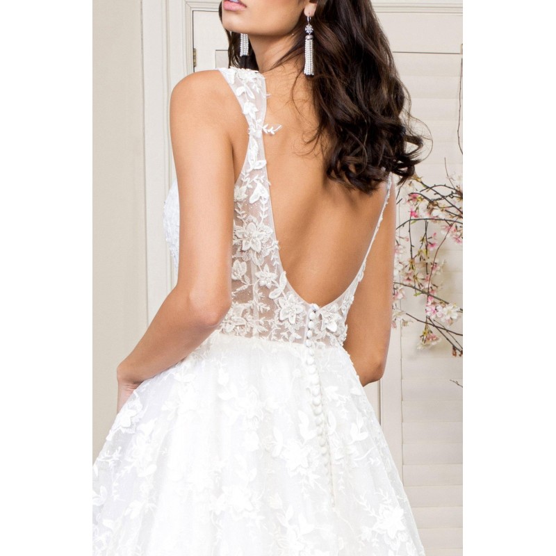 Long Floral Cap Sleeve Glitter Mesh Wedding Gown