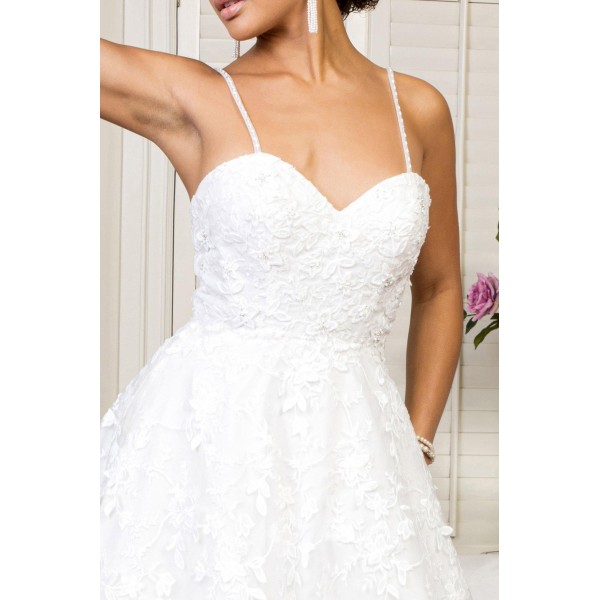 Simple Long Spaghetti Strap Floral Mesh Wedding Gown