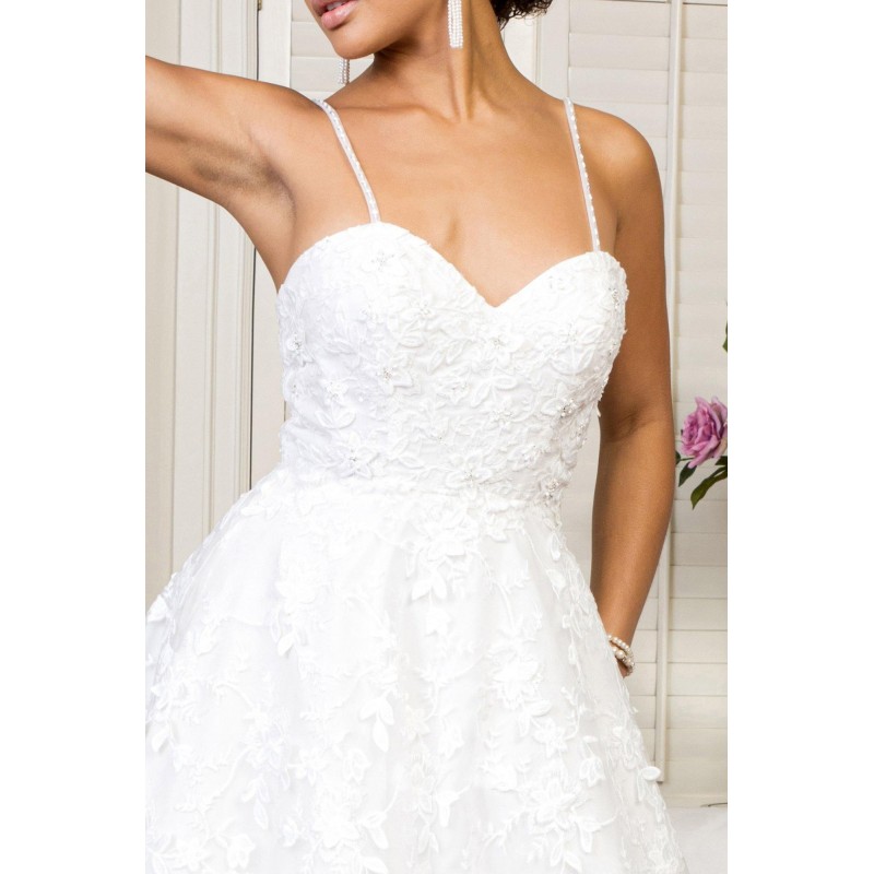 Simple Long Spaghetti Strap Floral Mesh Wedding Gown
