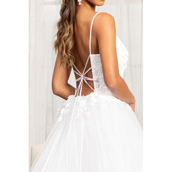 Long Spaghetti Strap 3D Floral Applique Wedding Gown