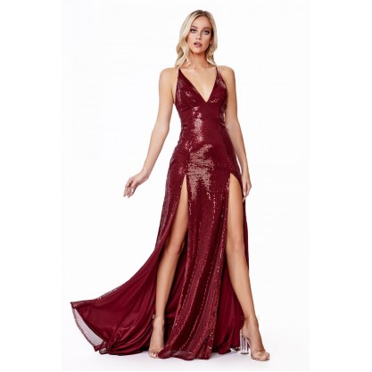 Fitted Sequin Dress With Double Slits And Deep Plunging Neckline by Cinderella Divine -CD915