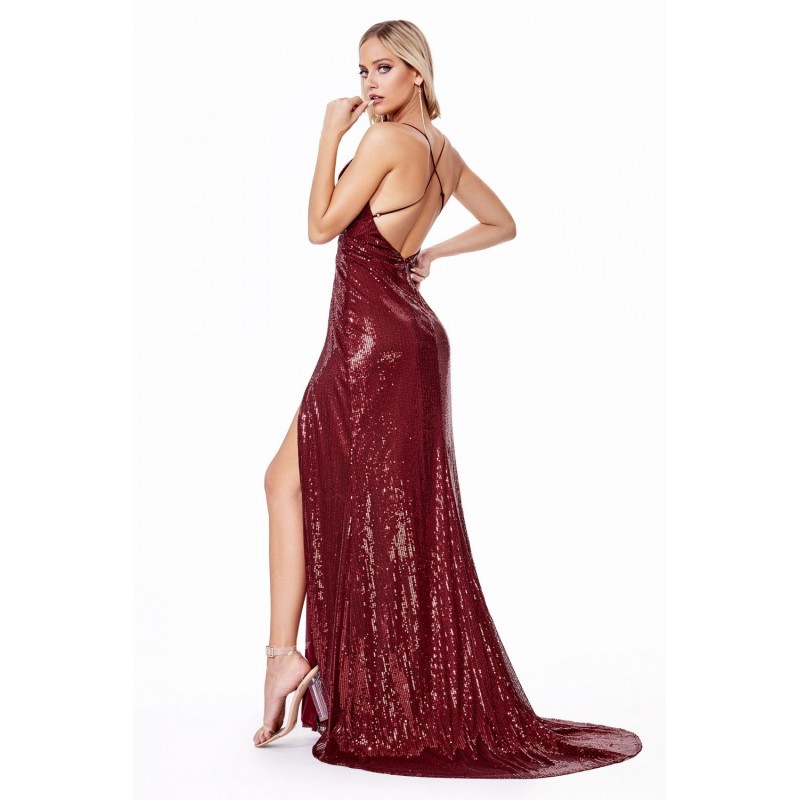 Fitted Sequin Dress With Double Slits And Deep Plunging Neckline by Cinderella Divine -CD915