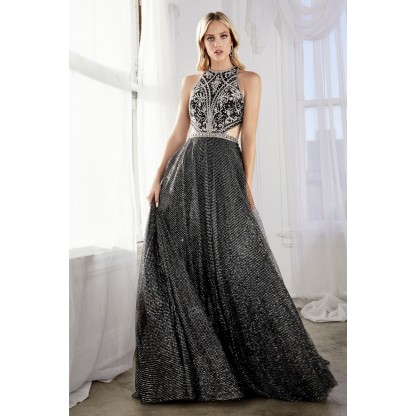 A-Line Gown With Bead Embellished Long High-Neck by Cinderella Divine -CW571