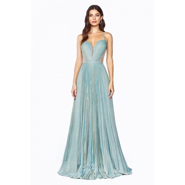 A-Line Metallic Glitter Gown With Beaded Strappy Back And Pleated Finish by Cinderella Divine -J9664