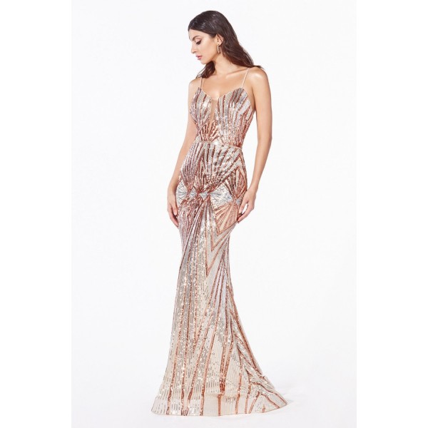 Fitted Sequin Gown With Art Deco Sequin Print And Deep Open Back by Cinderella Divine -J9099