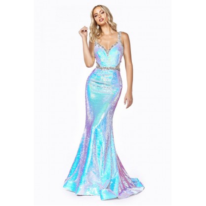Fitted Sexy Gown With Open Back And Flip Sequin Effect by Cinderella Divine -CD0157