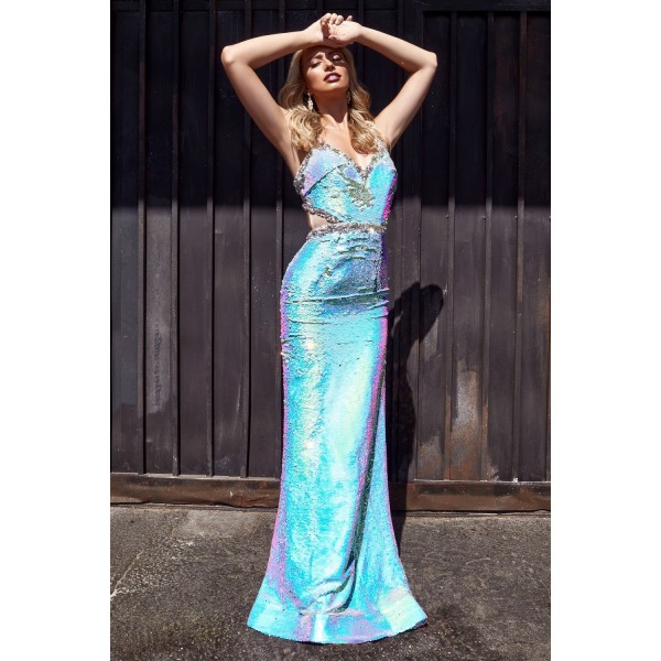 Fitted Sexy Gown With Open Back And Flip Sequin Effect by Cinderella Divine -CD0157