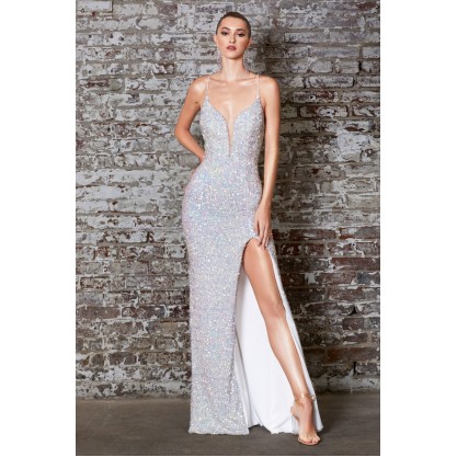 Fitted Iridscent Sequin Gown With Lace Up Back And Deep V-Neckline by Cinderella Divine -CR848