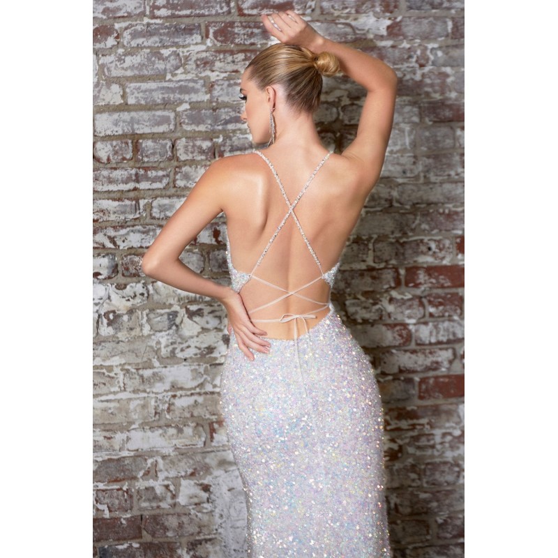 Fitted Iridscent Sequin Gown With Lace Up Back And Deep V-Neckline by Cinderella Divine -CR848