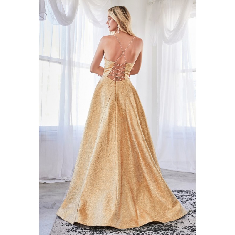 Ball Gown Gold Metallic Dress With Straight Neckline And Lace Up Open Back by Cinderella Divine -CD203