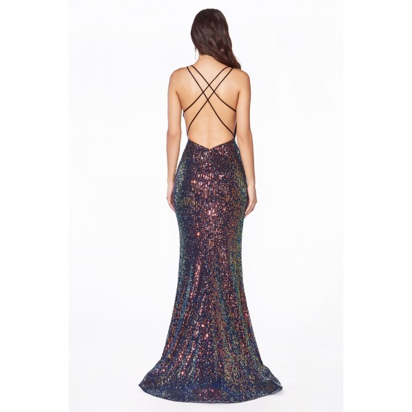 Fitted Iridescent Sequin Gown With Criss Cross Back And Leg Slit by Cinderella Divine -CDS369