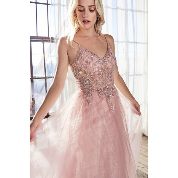 A-Line Gown With A Layered Sparkle Tulle Skirt And Embellished Bodice by Cinderella Divine -AM321