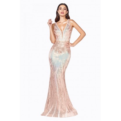 Slim Fit Iridescent Gown With Ombre Sequin Pattern And Deep V-Neckline by Cinderella Divine -J9582