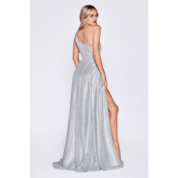 One Shoulder A-Line Gown With Front Keyhole And High Leg Slit by Cinderella Divine -J782