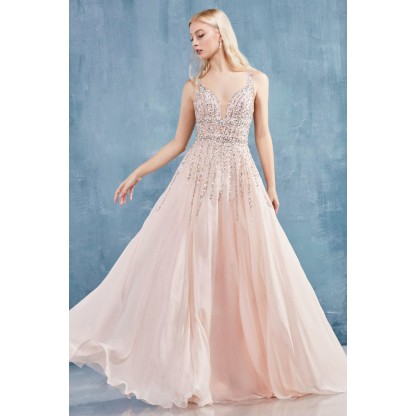 Trickle Beaded Chiffon A-Line Gown. Back Zipper Closure, No Stretch. by Andrea and Leo -A0872