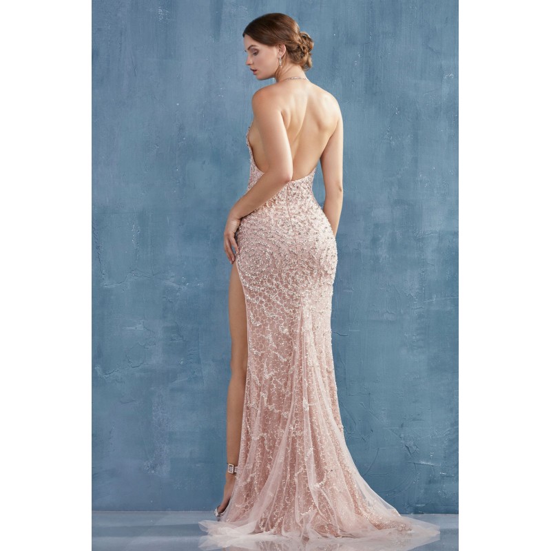 Fully Beaded Rhinestone And Pearl Halter Neck With Side Leg Slit. Low Back Zipper Closure. by Andrea and Leo -A0874
