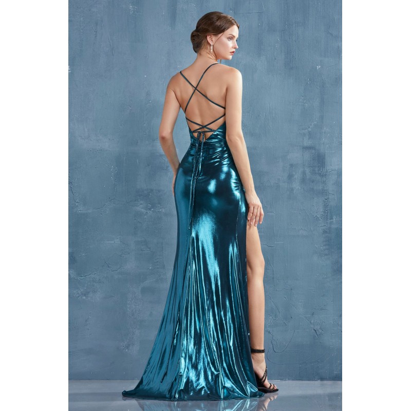 Sexy Transformer Metallic Ruched Gown With Leg Slit. Fabric Does Stretch And Has A Corset Back. by Andrea and Leo -A0921