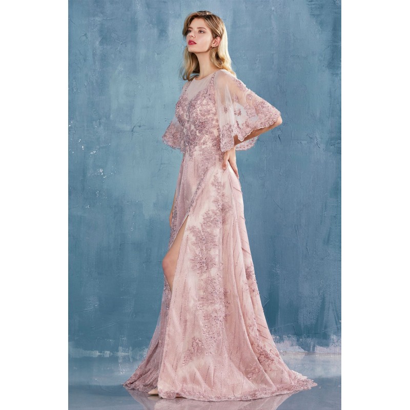 Lace Flutter Sleeve A-Line Gown W/Slit by Andrea and Leo -A0971