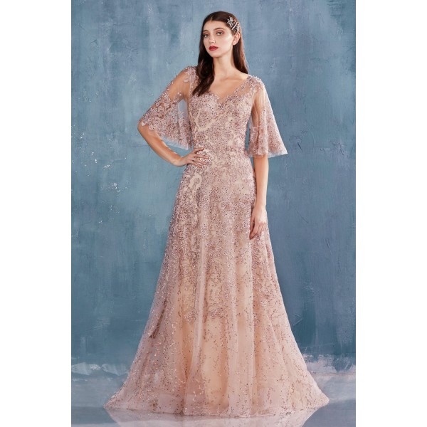 Lace Flutter Sleeve A-Line Gown by Andrea and Leo -A0972
