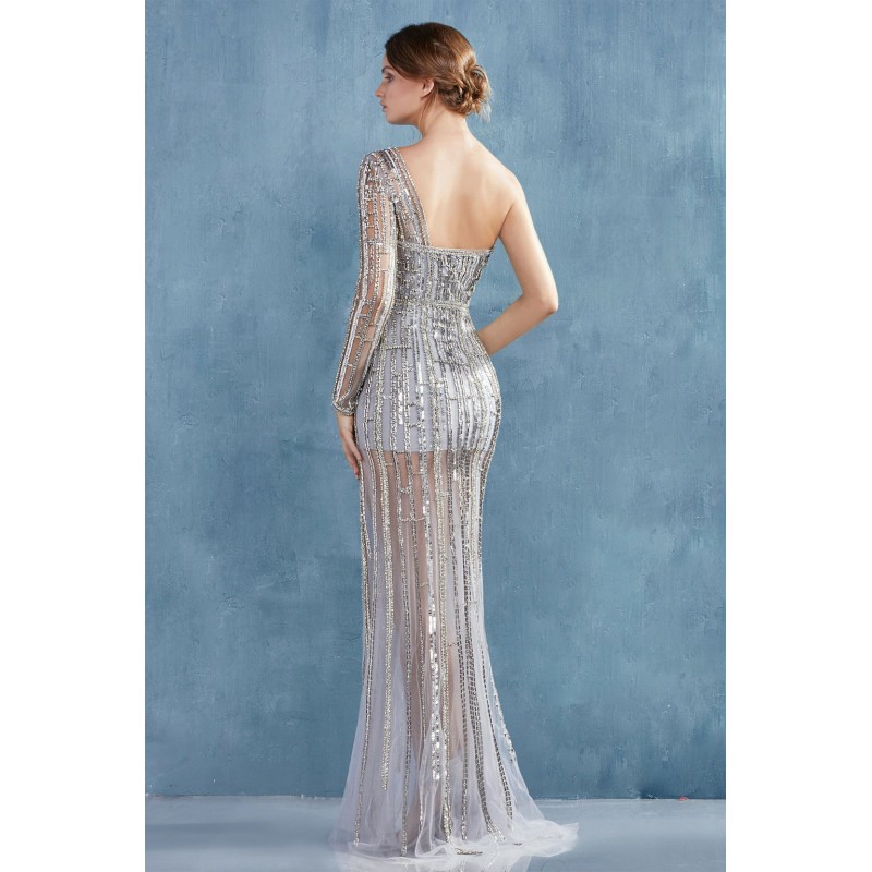 Modern One Sleeve Fully Beaded Gown With A Leg Slit And Short Lining. Back Zipper Closure, No Stretch. by Andrea and Leo -A0993