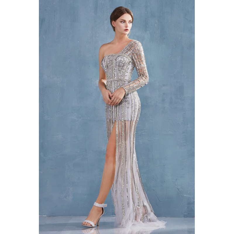 Modern One Sleeve Fully Beaded Gown With A Leg Slit And Short Lining. Back Zipper Closure, No Stretch. by Andrea and Leo -A0993