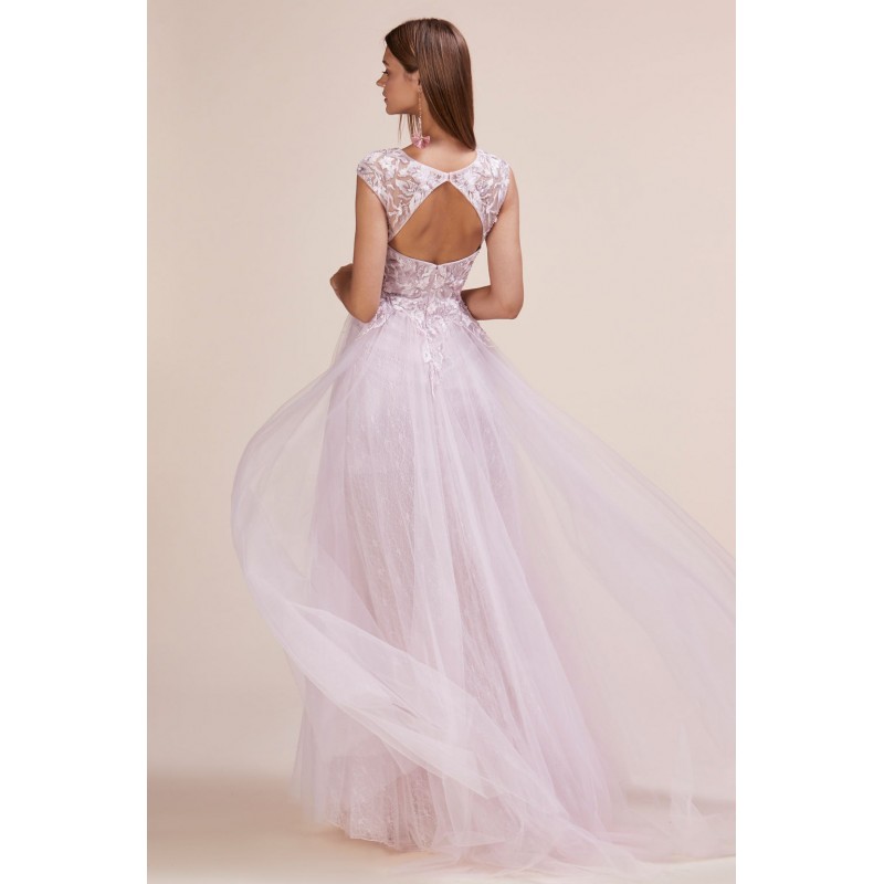 Small Cap Sleeved Lace A-Line Gown With A Gathered Tulle Skirt by Andrea and Leo -A0687