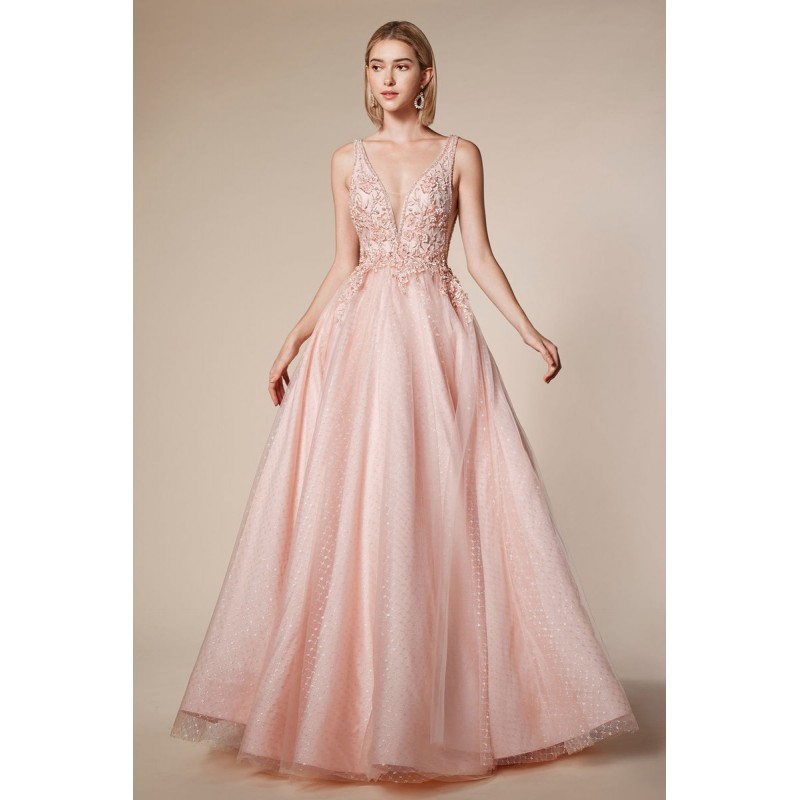 Lace And Glitter V-Neckline Ballgown by Andrea and Leo -A0696