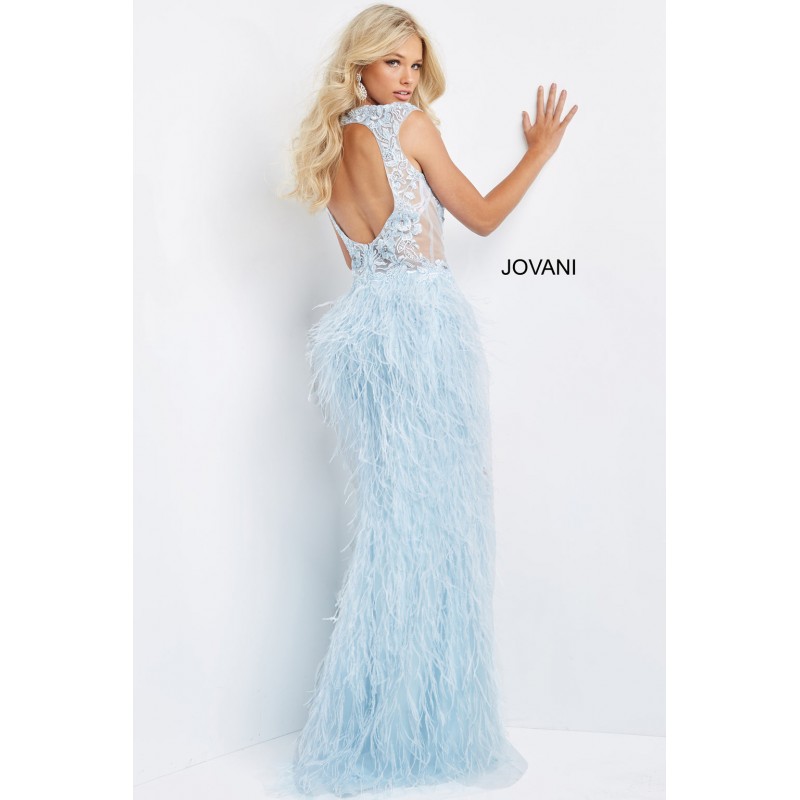 Sleeveless V Neck High Slit Feather Skirt Prom Dress By Jovani -06446