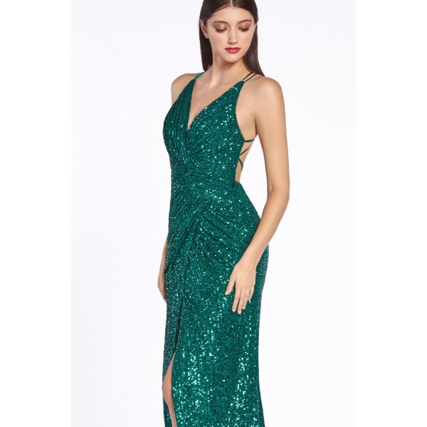 Fitted Sequin Gown With Gathered Waist, Open Back With Crisscross Straps by Cinderella Divine -CDS345