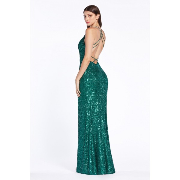 Fitted Sequin Gown With Gathered Waist, Open Back With Crisscross Straps by Cinderella Divine -CDS345