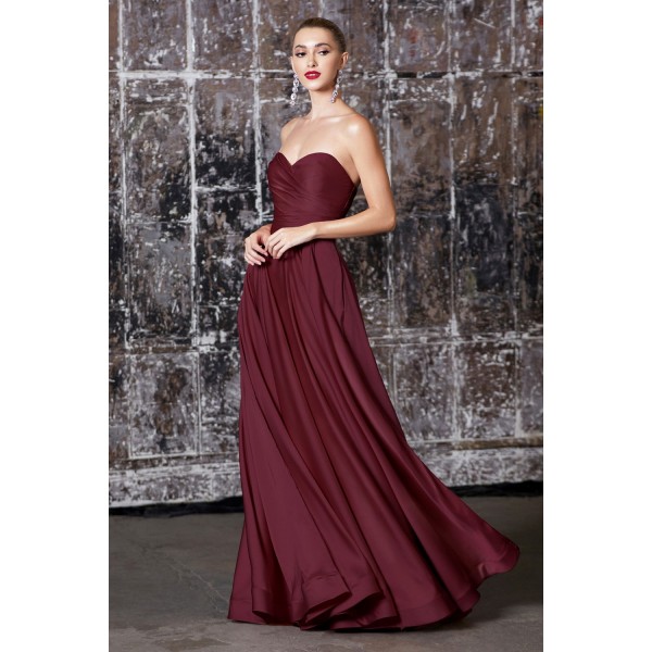 Strapless Soft Satin Gown With Sweetheart Neckline And Leg Slit by Cinderella Divine -CD0165