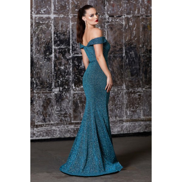 Off The Shoulder Fitted Gown With Metallic Finish And Belt by Cinderella Divine -CB058