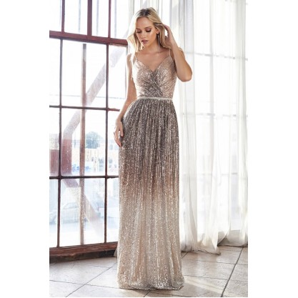 Sheath Gown With Metallic Ombre Sequin Print And Beaded Belt by Cinderella Divine -CB057