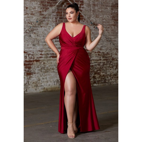 Fitted Satin Gown With Gathered Bodice And Leg Slit by Cinderella Divine -CD157