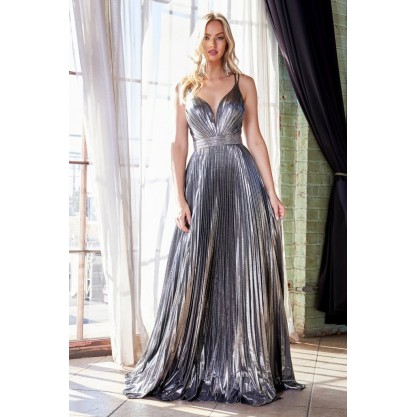 A-Line Metallic Pleated Gown With Beaded Belt And Open Crisscross Back by Cinderella Divine -CW230