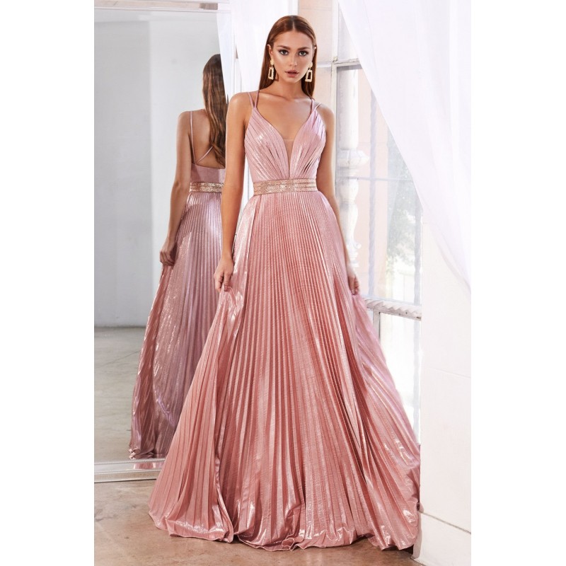A-Line Metallic Pleated Gown With Beaded Belt And Open Crisscross Back by Cinderella Divine -CW230