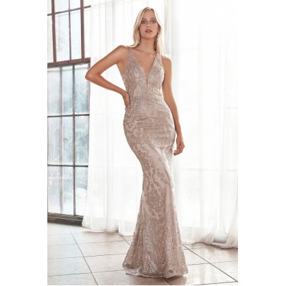 Slim Fit Lace Gown With Deep V-Neckline And Covered Lace Back by Cinderella Divine -HT074