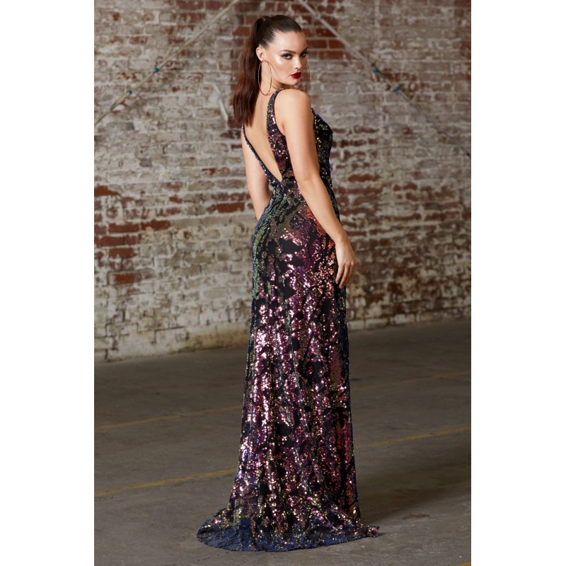 Fitted Sequin Dress With Illusion Sides And Leg Slit by Cinderella Divine -CF347