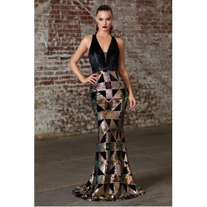 Fitted Sequin Gown With Geometric Print And Textured Faux Fur Top by Cinderella Divine -B60217