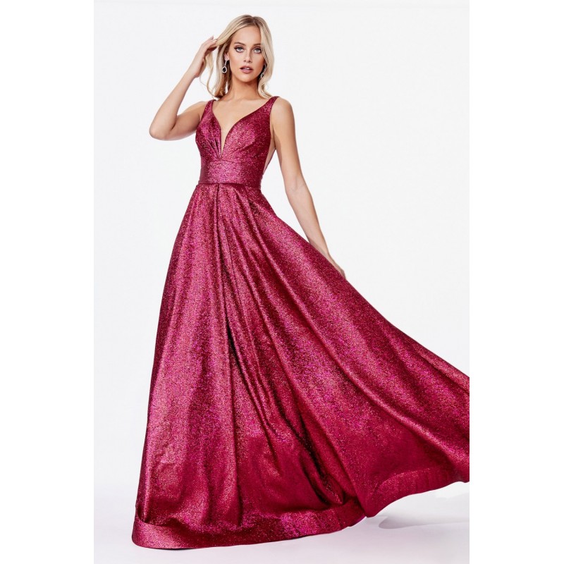 A-Line Metallic Ball Gown With Pleated Bustline And Pockets by Cinderella Divine -CR850