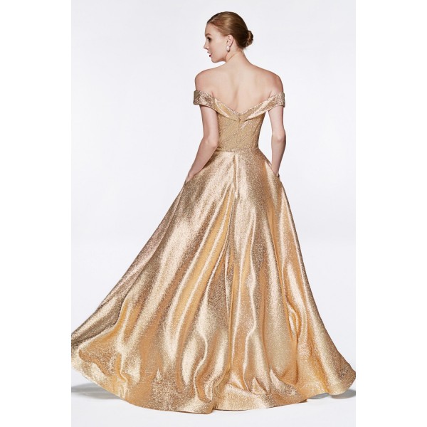 Off The Shoulder Metallic Ball Gown With Sweetheart Neckline And Pockets by Cinderella Divine -CJ268
