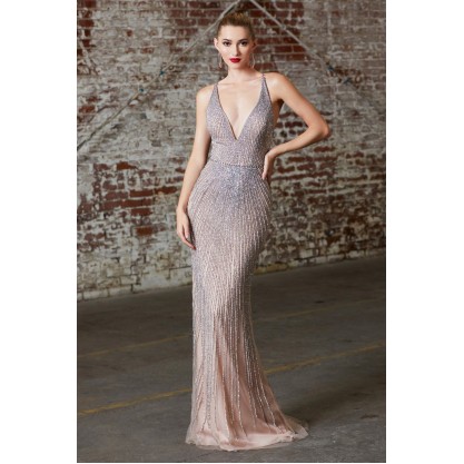 Fitted Fully Embellished Gown With Deep V-Neckline And Open Crisscross Corset Back by Cinderella Divine -CK920