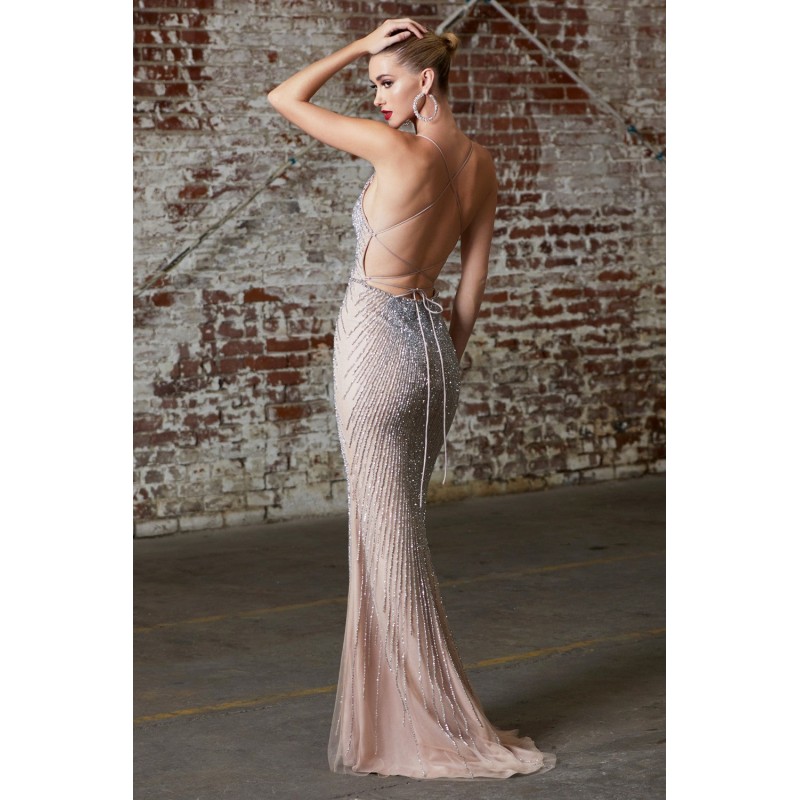 Fitted Fully Embellished Gown With Deep V-Neckline And Open Crisscross Corset Back by Cinderella Divine -CK920