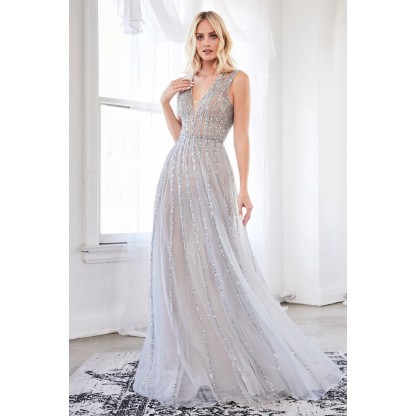 A-Line Fully Beaded Gown With V-Neckline And Semi Sheer Tulle Skirt by Cinderella Divine -CK935
